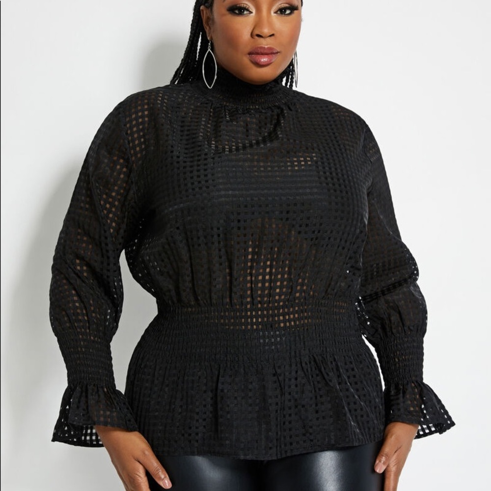 CHECK SEMI-SHEER PEASANT TOP